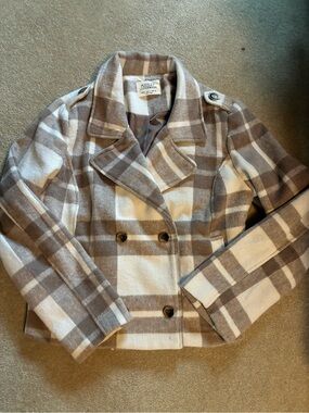 Ashley By 26 International Beige and White Plaid Peacoat